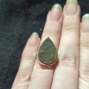 Sterling Silver Grey Pyrite Druzy Teardrop Statement Ring - Size 5
